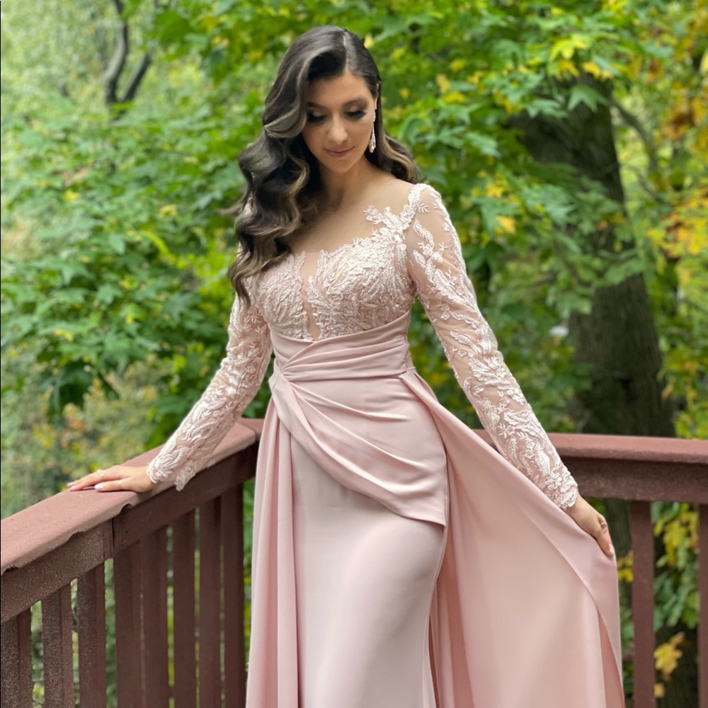 Long sleeved pink Sheath Evening dress from MNM Couture k3893